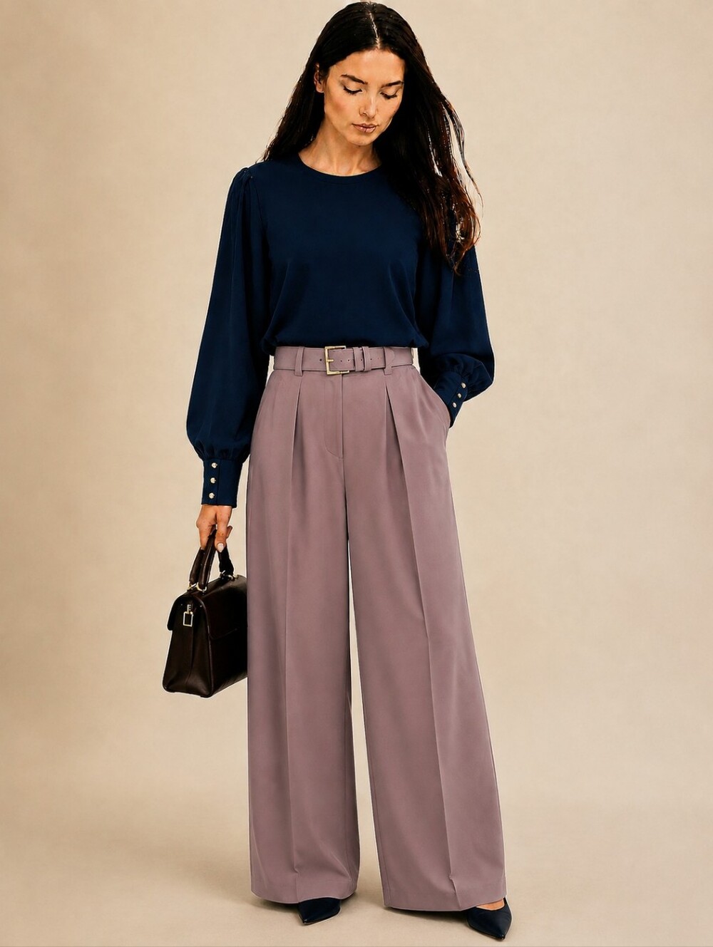 MICHAEL KORS🐞Navy Cotton Blouse with Puff and Pleated Sheer Sleeves Sz: L